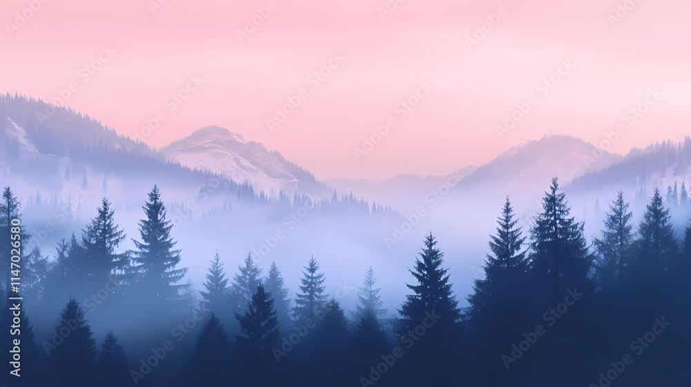 Misty forest at dawn in magazine photography style. Misty. Illustration Misty forest at dawn in magazine photography style. Misty. Illustration