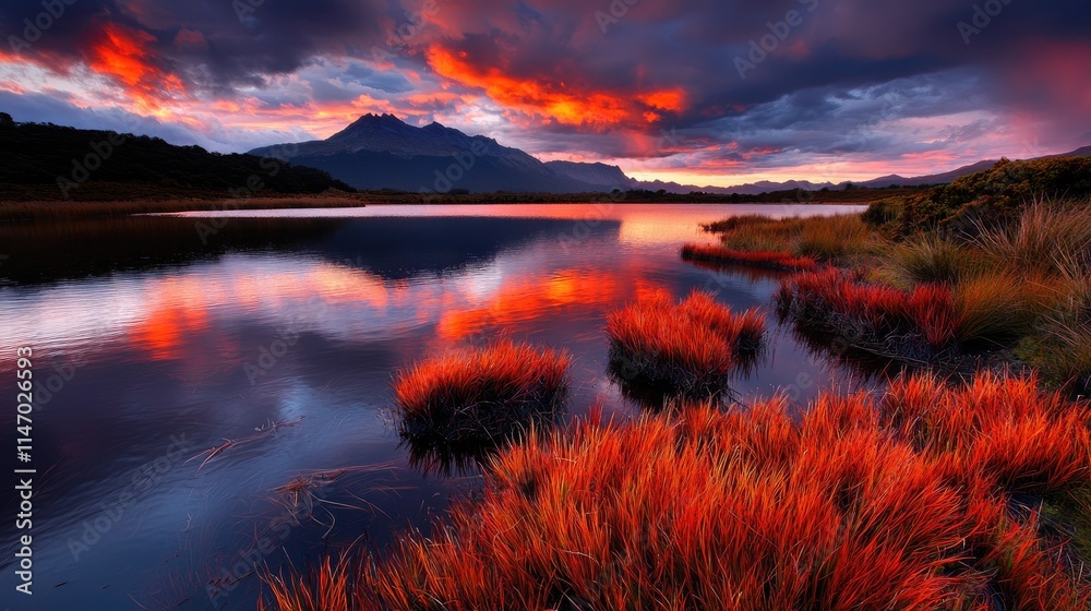 Naklejka premium Vibrant sunset reflecting on calm lake water, surrounded by red grasses and mountains.