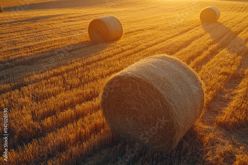 Aerial view of summer hay bales in farm landscape. photo