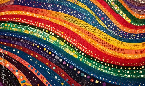 Rainbow arcs, colorful dots, textured surface.