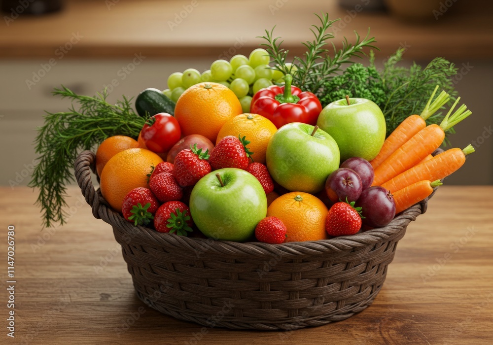 Basket of fresh fruits and vegetables on a wooden kitchen counter, showcasing natural produce and healthy eating Basket of fresh fruits and vegetables on a wooden kitchen counter, showcasing natural produce and healthy eating