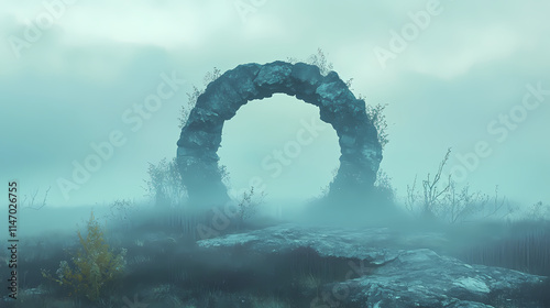 Mysterious stone circle in misty moor. Misty. Illustration