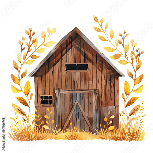 A watercolor of a rustic wooden barn surrounded by golden foliage, isolated on a white background. 