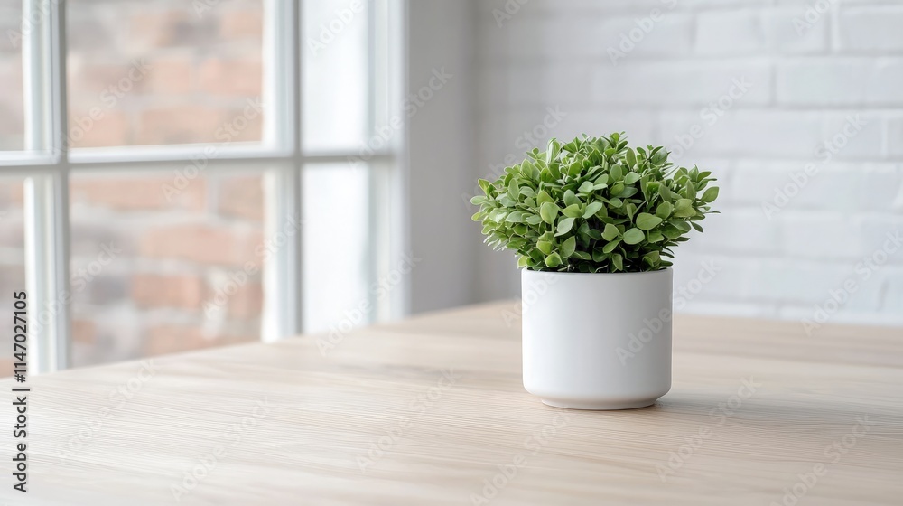 Fototapeta premium Small green plant in white pot on wooden table by window.