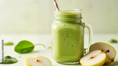 Green apple smoothie in a jar with spinach photo