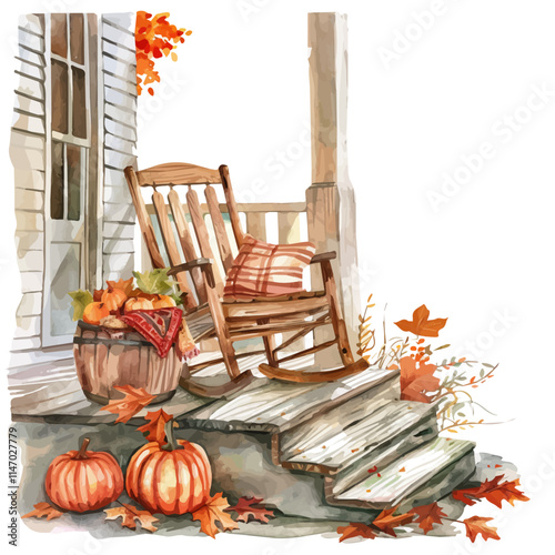 A watercolor vector painting of a rustic wooden chair on a porch with fall decorations, isolated on a white background. Rustic wooden chair vector.

