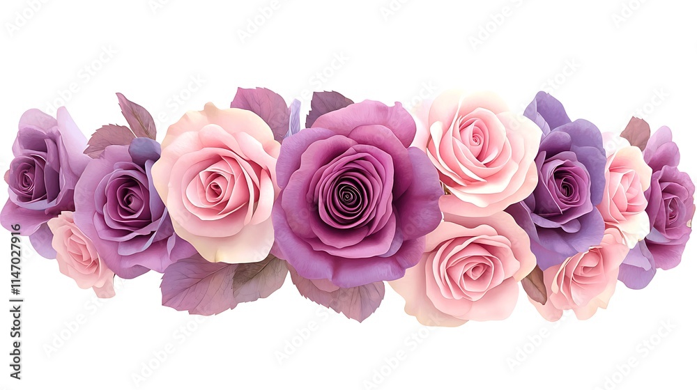 Detailed floral crown of pink and purple roses, isolated on white background, realistic image. Detailed floral crown of pink and purple roses, isolated on white background, realistic image.