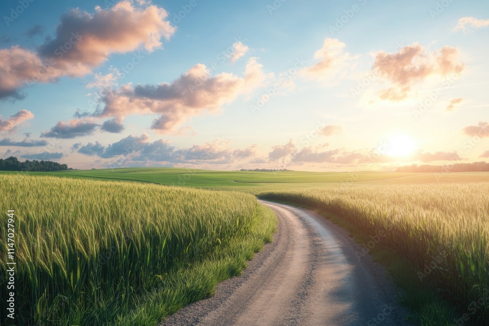 Country road and green wheat fields at sunrise Country road and green wheat fields at sunrise