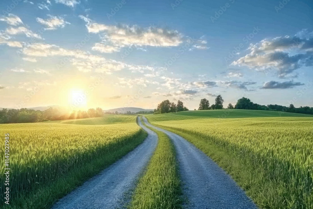 Country road and green wheat fields at sunrise Country road and green wheat fields at sunrise