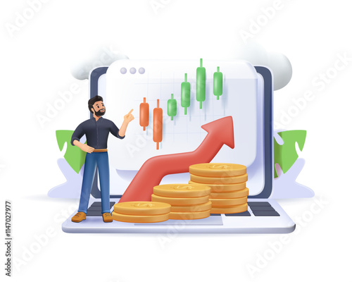 Financial illustration 3D vector. Characters investing money in stock market. People analyzing financial graphs, latest stock market news and other data. Stock trading concept. Vector illustration