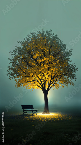 a lonely tree in a misty field representing the passage of time and waiting. a soft golden light emanates from the roots, symbolizing hope.