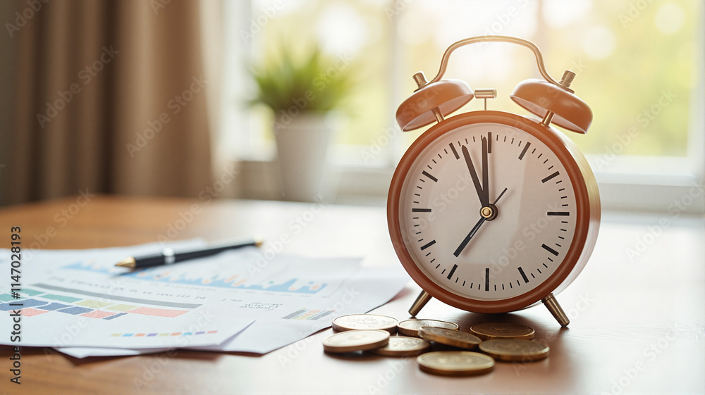 Alarm clock with coins and financial documents Alarm clock with coins and financial documents