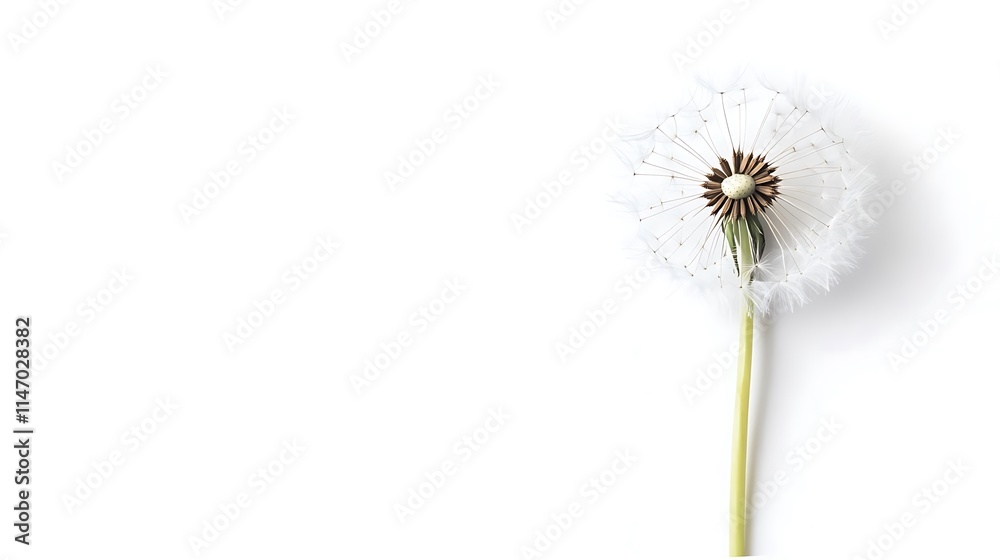 custom made wallpaper toronto digitalA single dandelion seed head, light white, with a dark center, on a light green stem, against white.

