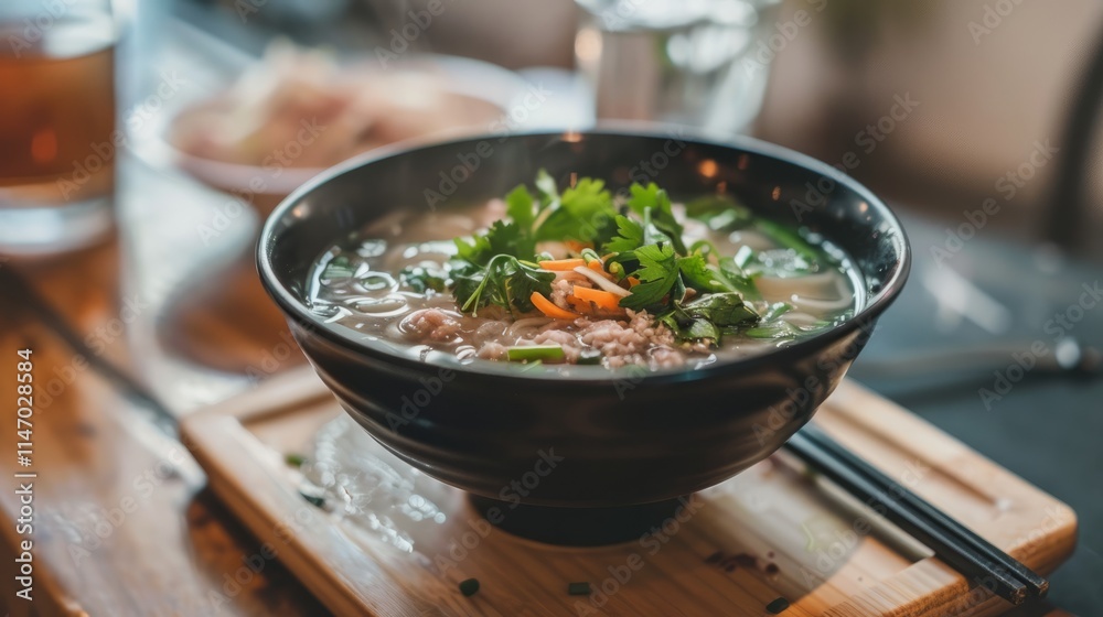 Contemporary minimalism with a bowl of pho on a wooden board Contemporary minimalism with a bowl of pho on a wooden board