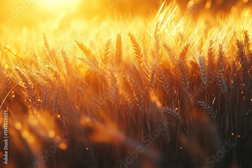 Golden ears of wheat on the field. Sunset light.