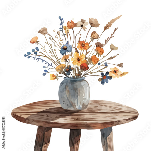 A watercolor vector painting of a rustic wooden table with a vase of autumn flowers, isolated on a white background. Rustic wooden table vector.

