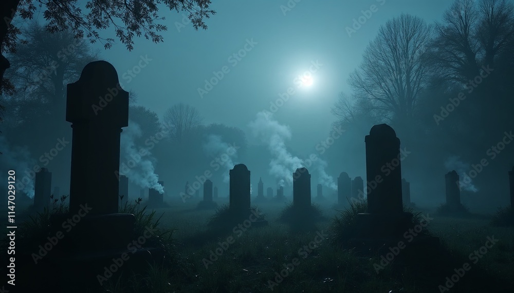 Misty graveyard under a full moon with silhouetted tombstones and eerie atmosphere Misty graveyard under a full moon with silhouetted tombstones and eerie atmosphere