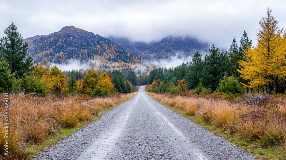 Fototapeta premium Scenic gravel road through autumnal forest towards misty mountains.
