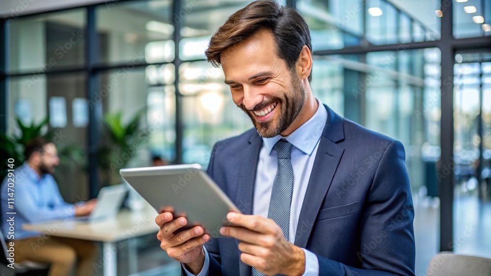 male employee looking at tablet and happy
male employee looking at tablet and happy