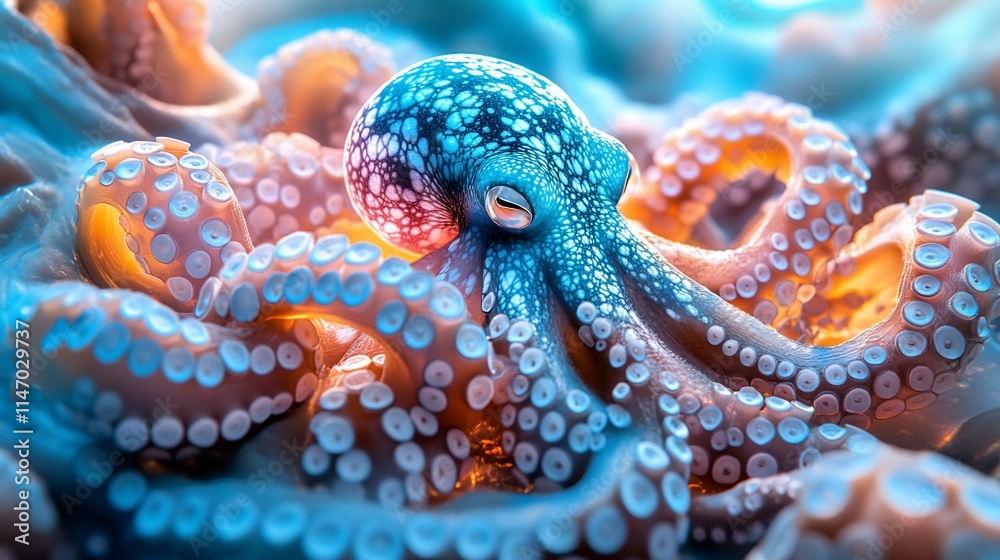 Obraz premium Vibrant blue and orange octopus in underwater scene.