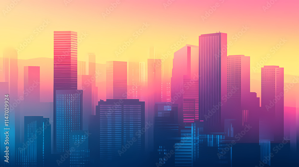 Futuristic building at sunset with a colorful misty haze, urban landscape, misty haze, futuristic building. Misty. Illustration Futuristic building at sunset with a colorful misty haze, urban landscape, misty haze, futuristic building. Misty. Illustration