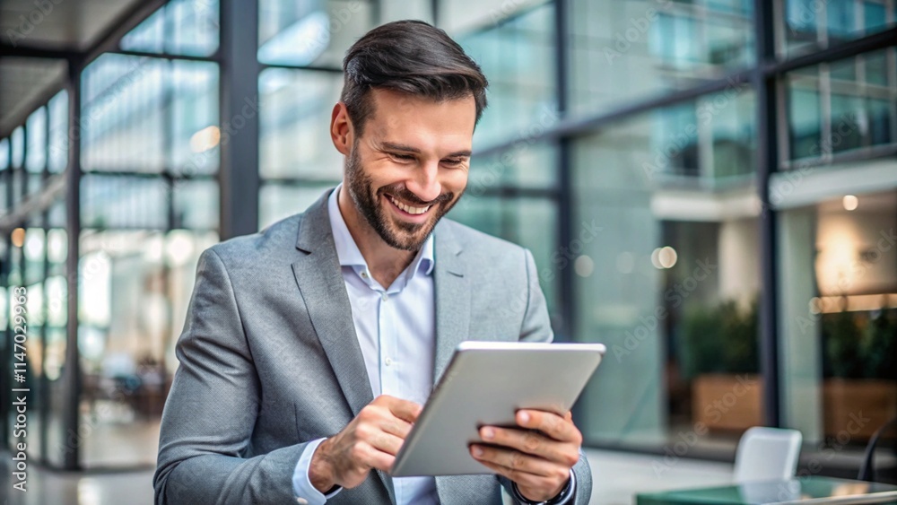 male employee looking at tablet and happy
male employee looking at tablet and happy