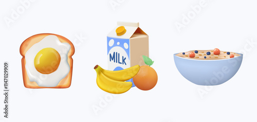 Healthy breakfast for your morning 3D illustrations set. Cereals, milk and banana, juice, orange, egg and bread. Set of three 3D trendy vector illustrations. Cartoon style. 3D design