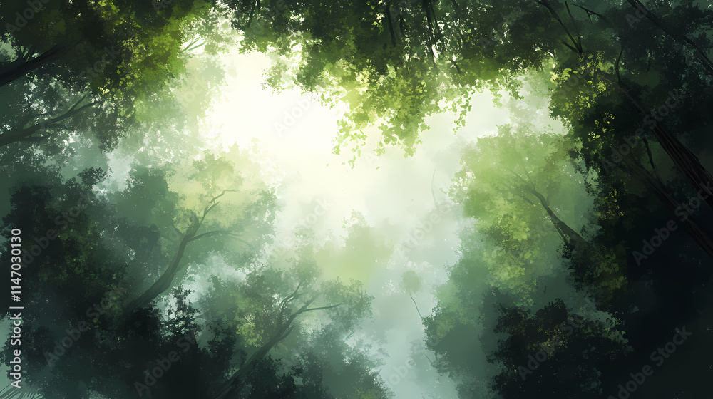 Looking up at a misty forest canopy. Misty. Illustration Looking up at a misty forest canopy. Misty. Illustration