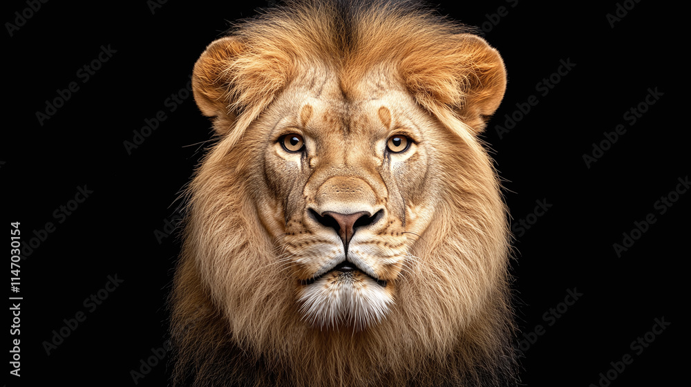 Front view closeup of a male lion studio photography isolated on black background, powerful wild cat, motivation and inspiration, self improvement and growth concept, staring at the camera. Front view closeup of a male lion studio photography isolated on black background, powerful wild cat, motivation and inspiration, self improvement and growth concept, staring at the camera.
