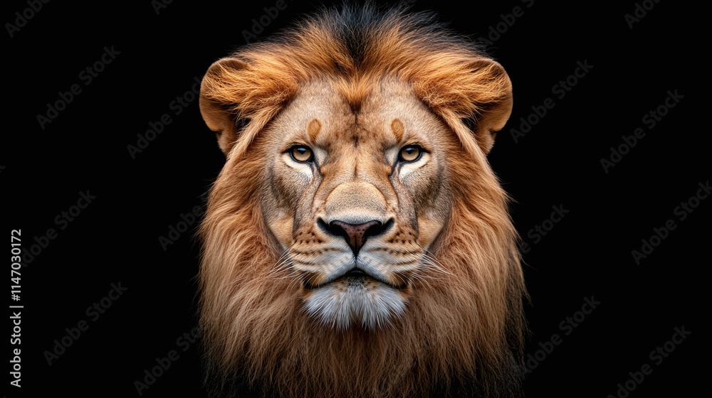 Fototapeta premium Front view closeup of a male lion studio photography isolated on black background, powerful wild cat, motivation and inspiration, self improvement and growth concept, staring at the camera.