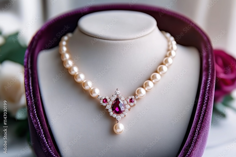 Minimalist jewelry set featuring beige pearl earrings, a red gemstone necklace, and a violet-gray velvet jewelry box arranged elegantly on a display Minimalist jewelry set featuring beige pearl earrings, a red gemstone necklace, and a violet-gray velvet jewelry box arranged elegantly on a display