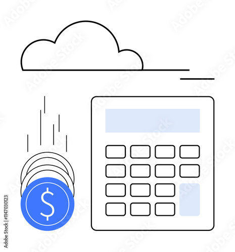 Calculator for computing alongside digital currency and a cloud in background. Ideal for financial planning, budgeting, accounting, fintech, cloud computing, digital banking, and online transactions