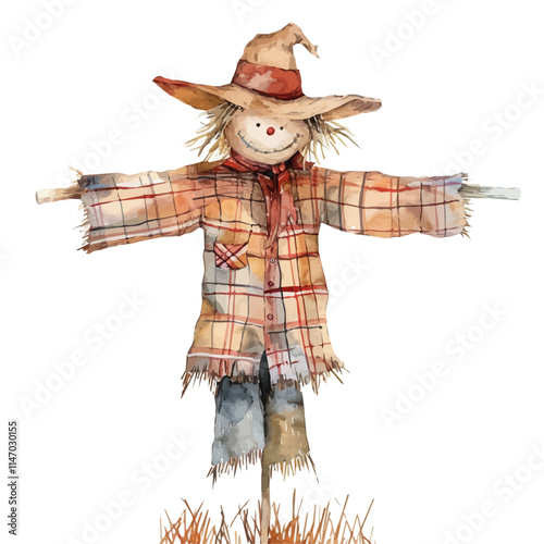 A watercolor vector painting of a scarecrow with a floppy hat and plaid shirt, isolated on a white background. Scarecrow vector.

