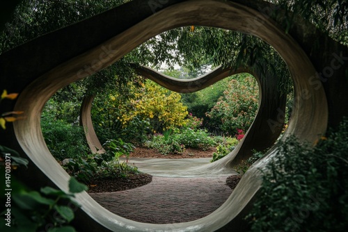 Curved wooden frame reveals lush garden path.