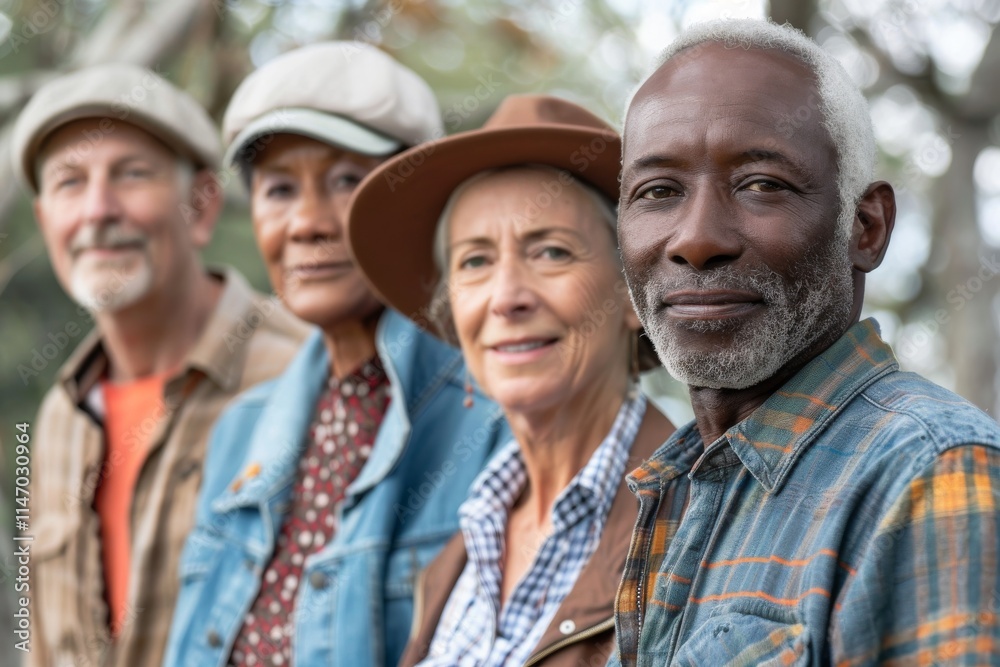 Portrait of a group of smiling senior friends standing together in the park Portrait of a group of smiling senior friends standing together in the park