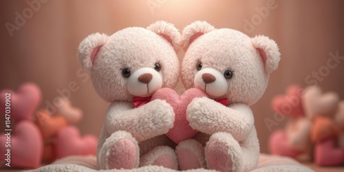 Two plush teddy bears embracing, heart between them, adorable,affection,innocent