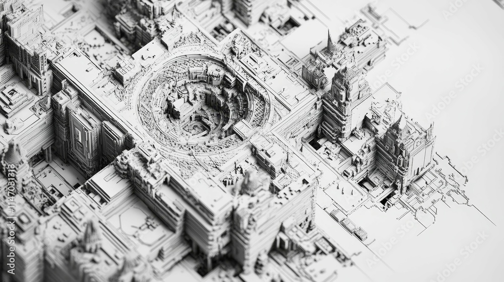 Fototapeta premium Monochrome model, futuristic city, intricate details.