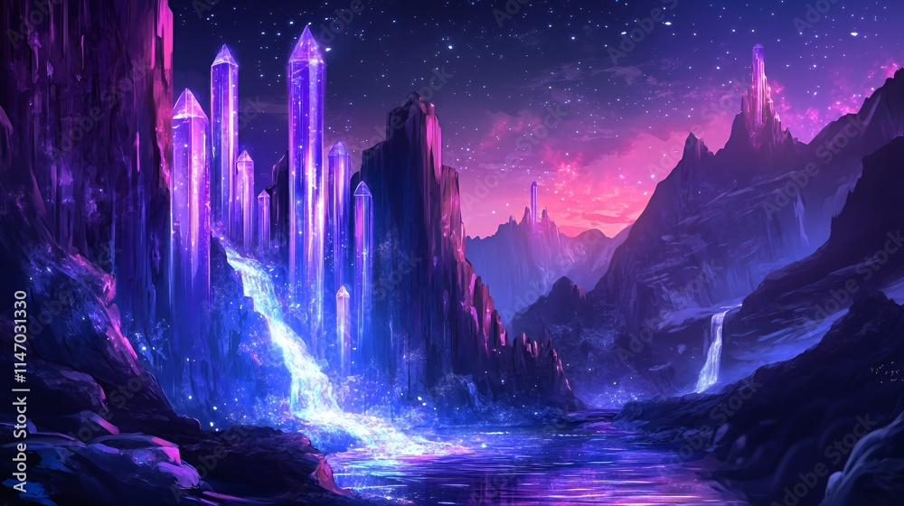 Crystal Mountains Glow Under a Starry Night Sky Crystal Mountains Glow Under a Starry Night Sky