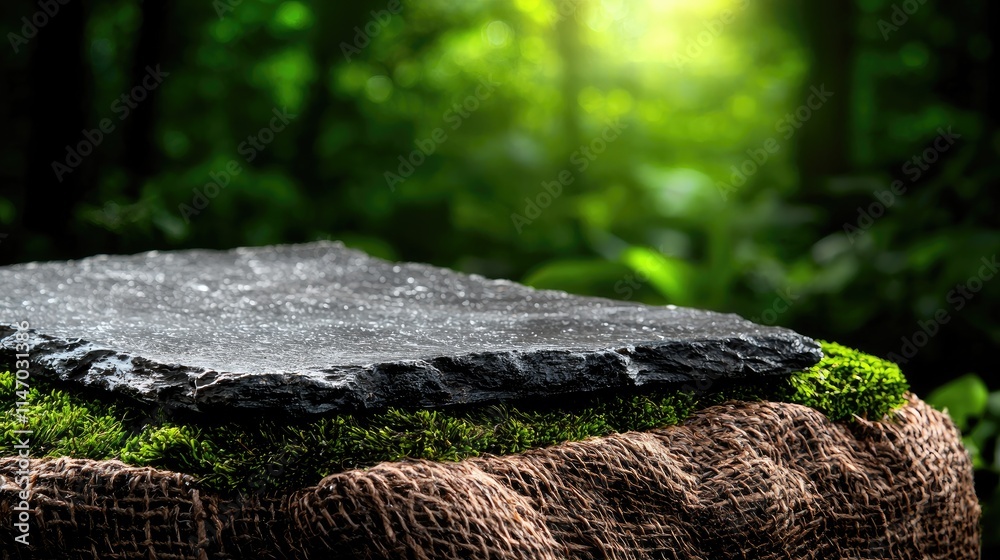 Dark stone surface on mossy base in forest setting. Dark stone surface on mossy base in forest setting.