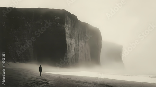 A solitary figure stands on a misty beach, gazing at a massive cliff, evoking feelings of contemplation and tranquility. Misty. Illustration photo