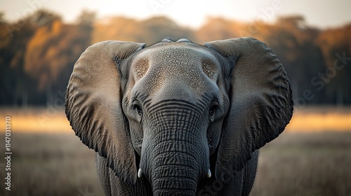 Majestic elephant stands proudly in golden grass, showcasing str photo