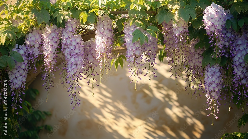 Obraz premium Delicate purple flowers cascade gracefully, casting soft shadows