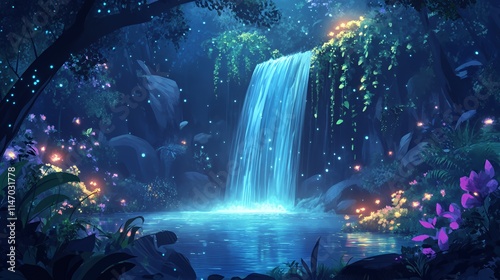 Enchanting Waterfall In A Bioluminescent Forest At Night