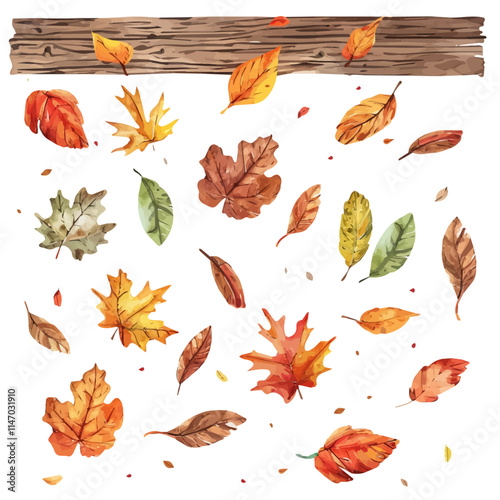 A watercolor vector painting of a set of autumn leaves scattered on a wooden table, isolated on a white background. Autumn leaves vector.

