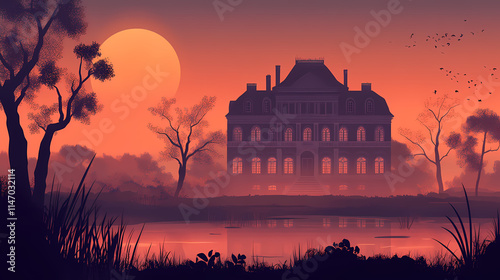 Creepy looking house full moon background moody sunset noble mansion orange misty swamp baroque damp. Misty. Illustration