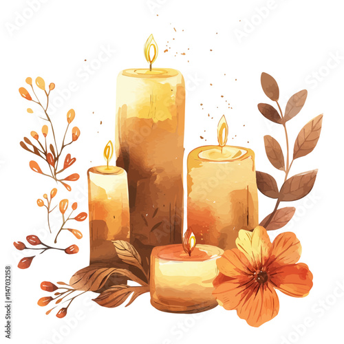 A watercolor vector painting of a set of autumn-themed candles glowing softly next to a decorative piece, isolated on a white background. Autumn-themed candles vector.

