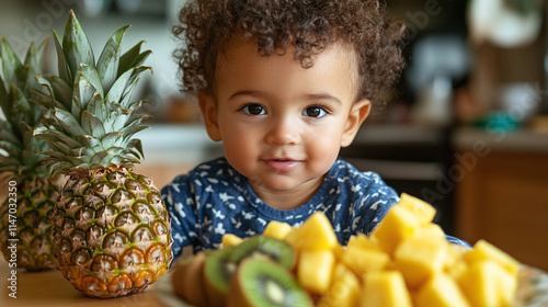 Closeup of a beautiful toddler boy with curly hair, sitting at a kitchen table full of raw ananas and kiwi fruits on a plate. healthy,fresh and organic nutrition for a male preschooler,pineapple snack photo