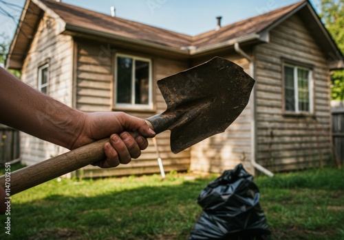 Hand holding a shovel with a blurred old house in the background, and a black plastic bag nearby, capturing a moment of outdoor work and renovation