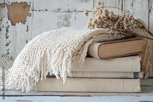 A white blanket is piled on top of a stack of books. The blanket is frayed and the books are old. The scene gives off a cozy and nostalgic feeling photo