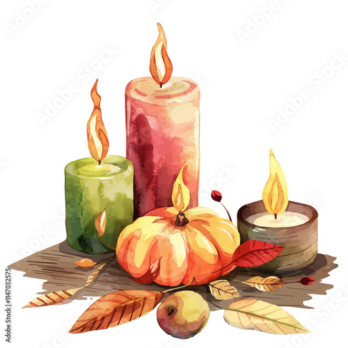 A watercolor vector painting of a set of fall-themed candles burning on a table, isolated on a white background. Fall-themed candles vector.

